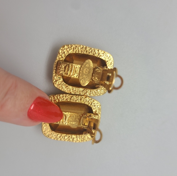 Rare Vitage Chanel Gold Plated Clear Strass Crystal Rectangle Clip On Earrings - Picture 7 of 13